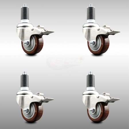 Service Caster 3.5 Inch 316SS Maroon Poly Swivel 1-3/8 Inch Stem Caster Set Lock Brake SCC SCC-SS316TTLEX20S3514-PPUB-MRN-138-4